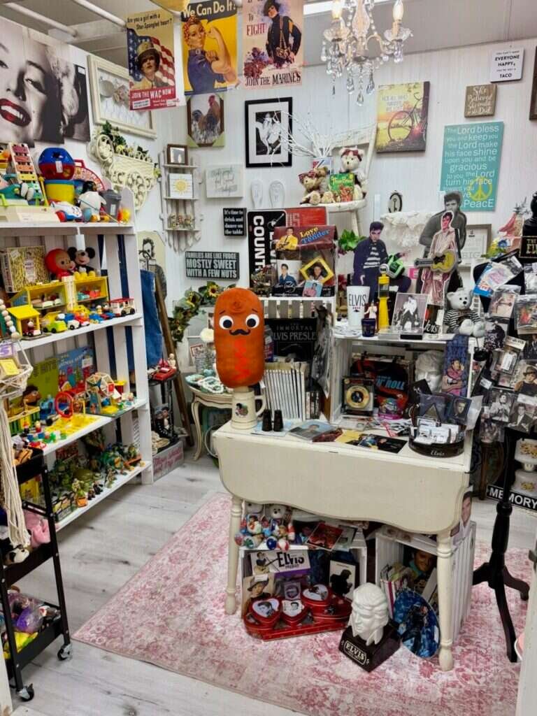 Divine Finds booth at Twisted Sisters Vintage Market, featuring vintage toys, Elvis memorabilia and retro posters