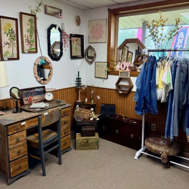 Vintage glassware and home décor on display in a vendor booth
